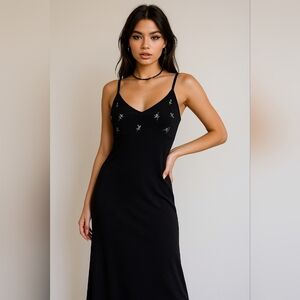 Vintage Y2K Smart Set Floral Slip Dress Size S Maxi Black V Neck Spaghetti Strap